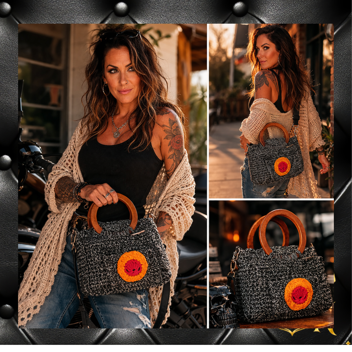 Lilith Cotton Linen Crochet Crossbody Bag with Wood Handles